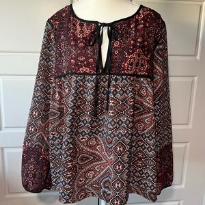 Sanctuary Boho Flowy Peasant Blouse Long Sleeve Tie Neck Paisley Print Top Med